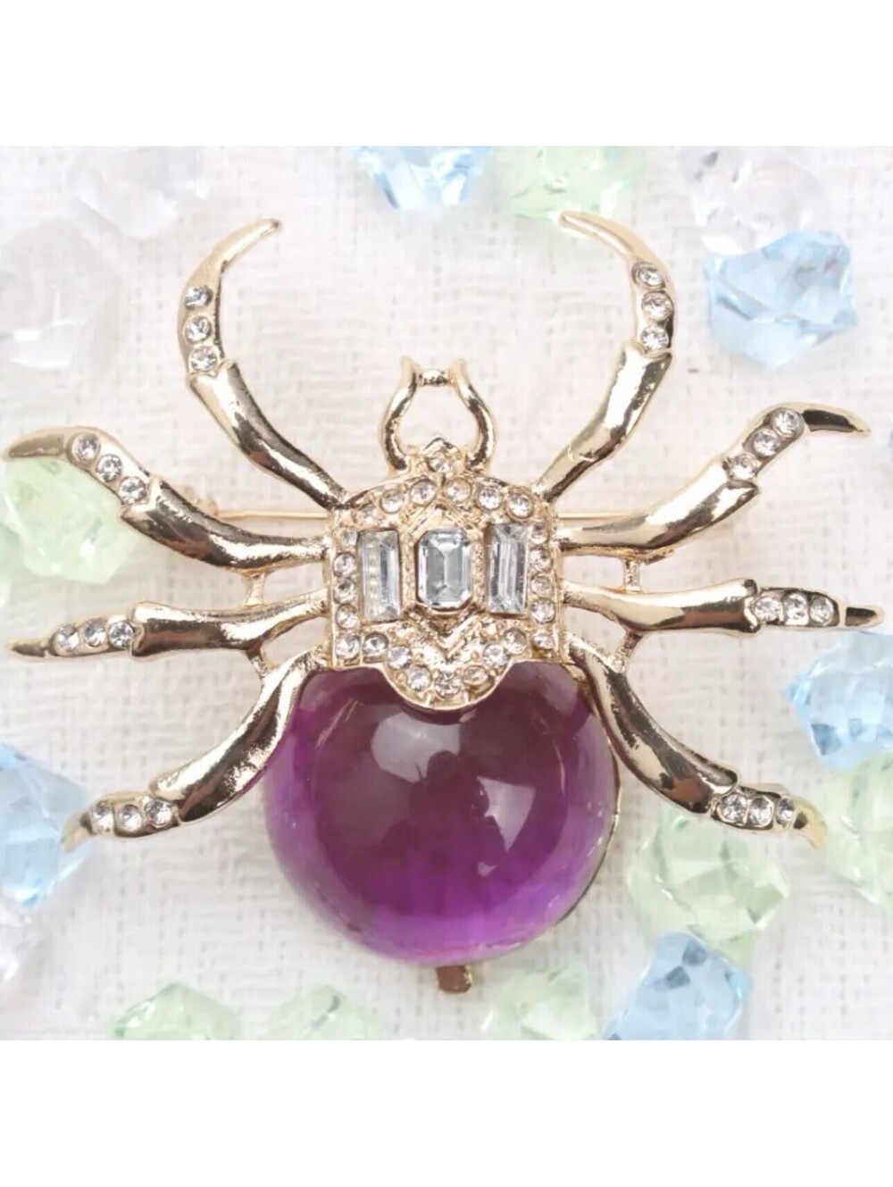 Gorgeous Spider Brooch Jelly Belly Vintage Inspired Purple Resin And Rhinestones